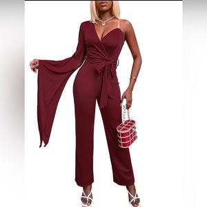 Burgundy jumpsuit  with kimono sleeve , off shoulder and sweetheart neckline .